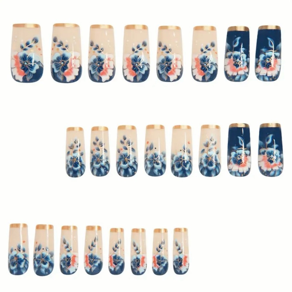 Floral Blue and Cream Press-On Nails, NEW - Picture 4 of 6